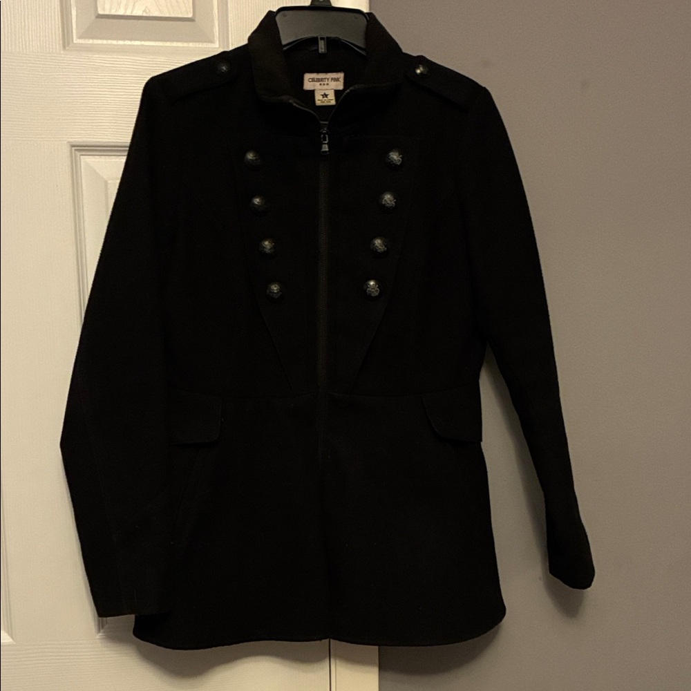 Celebrity Pink Elegant Black Pea Coat